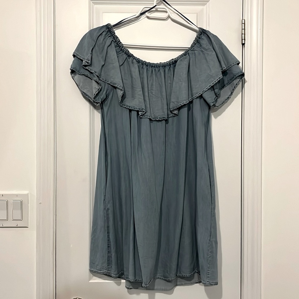 Off the shoulder soft denim summer dress.